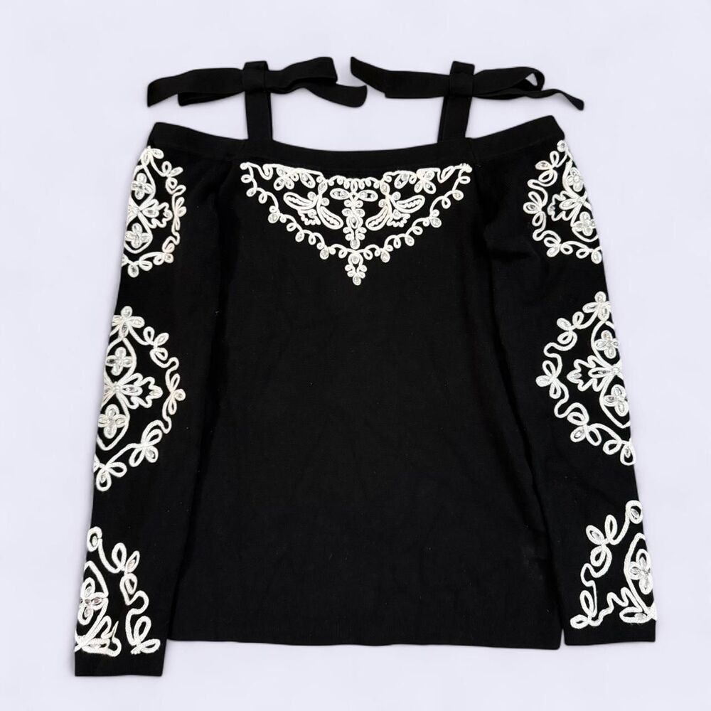 Y2K Coquette Black Embroidered Cold Shoulder Top w/ Bow Straps | Size small